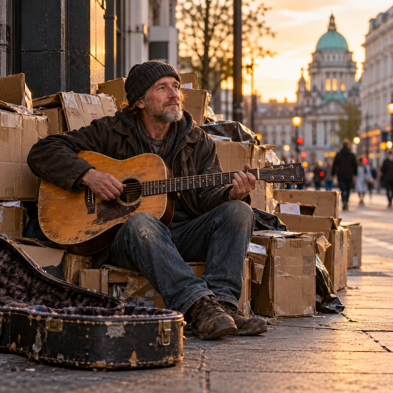 A Belfast busker sitting amongst dumped cardboard boxes with an old guitar case beside him.